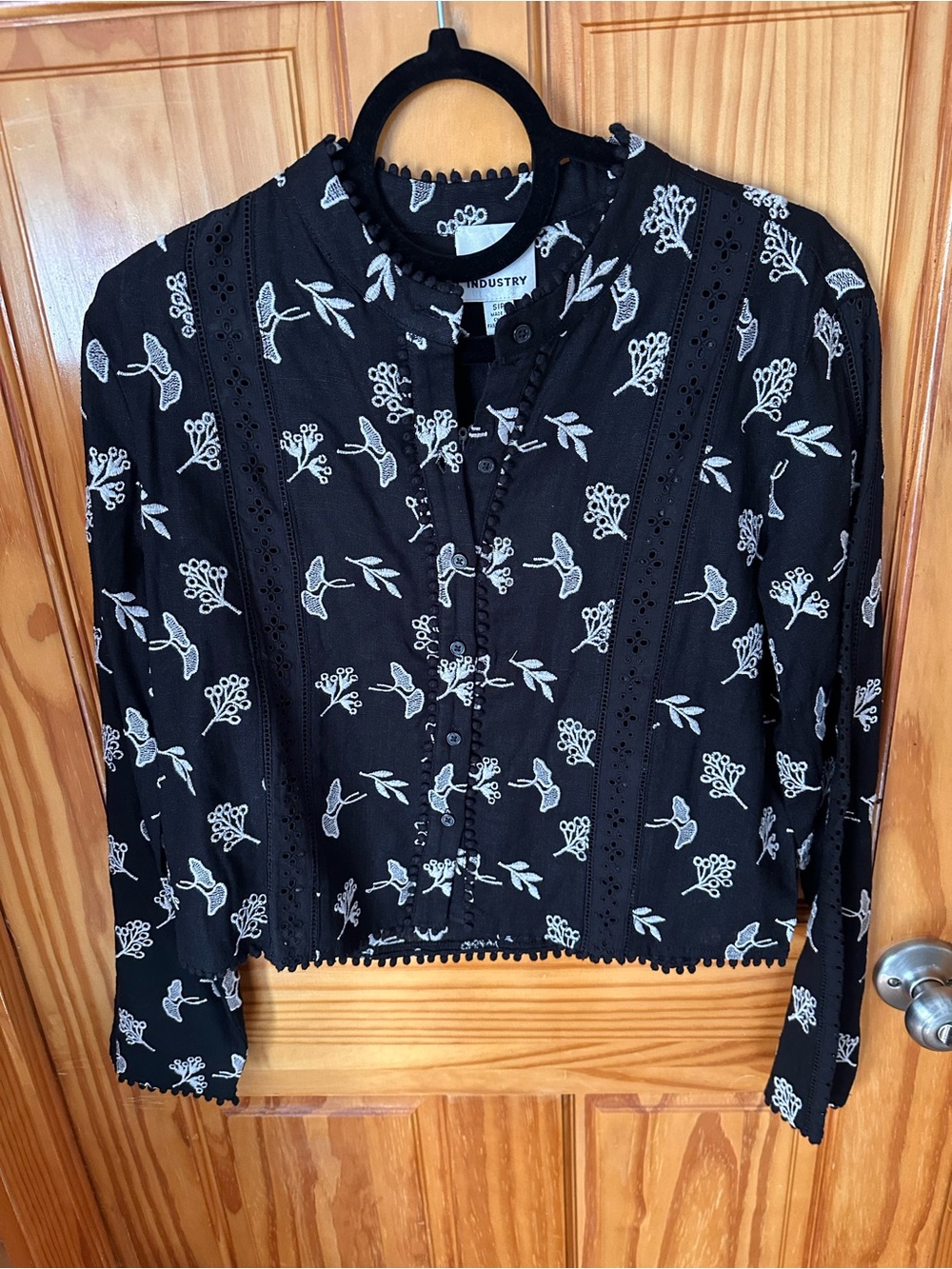 NWT Industry  long-sleeve embroidered button-front blouse.